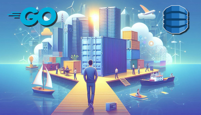 Walking Towards a Set of Shipping Containers with Go Logo and DynamoDB Logo Above