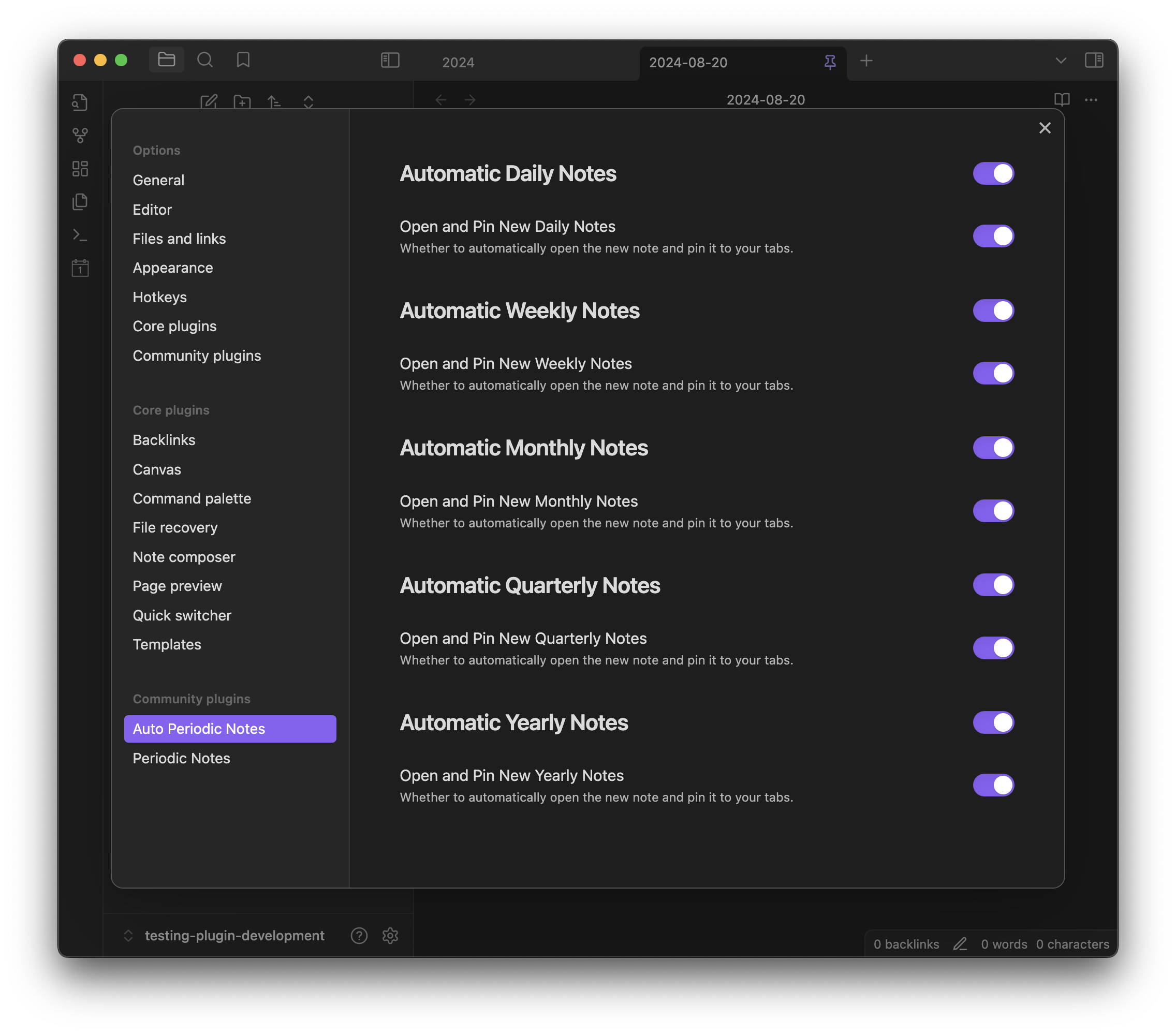 Auto Periodic Notes: Example of Settings screen within Obsidian