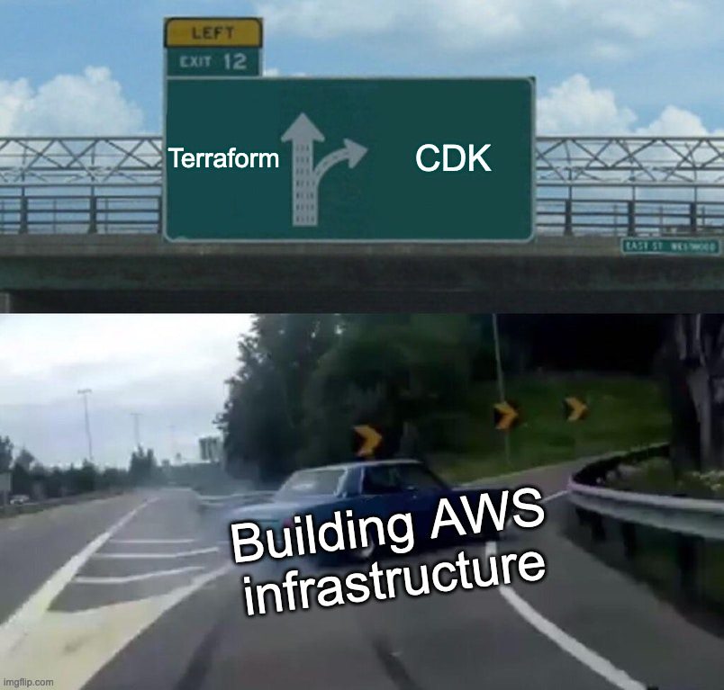 Meme with car heading to CDK exit abruptly, where car represents building AWS infrastructure